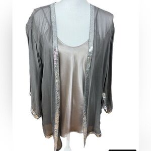🔥🔥Sterling Styles Sheer Gray Cardigan With Sequins Trim And Cami See Descrip